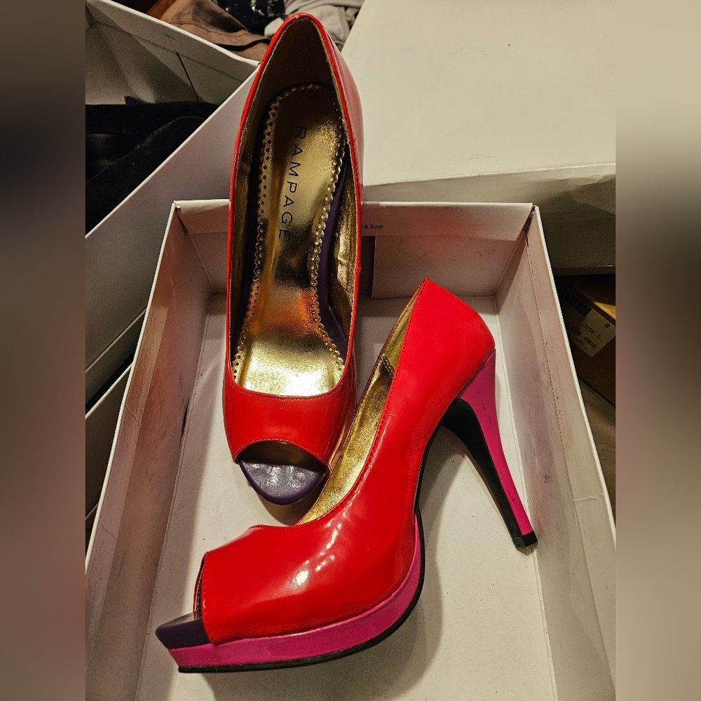 BRIGHTLY colorblock peep-toe heels NWOT